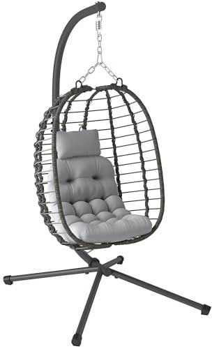 Outsunny Fauteuil Suspendu Pliable en résine tressée avec Support, Fauteuil Oeuf Suspendu, Chaise hamac balançoire, Coussin et Oreiller, Hauteur réglable, Cadre en Acier, intérieur et extérieur, Gris