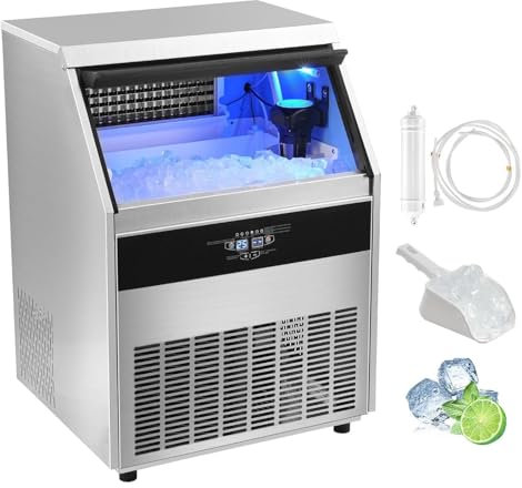 Máquina de hielo comercial, máquina de hielo integrada de acero inoxidable, 1030w 200kg/24h de hielo profesional en 8-15 minutos pantalla LCD almacenamiento 59kg para el hogar oficina restaurante bar