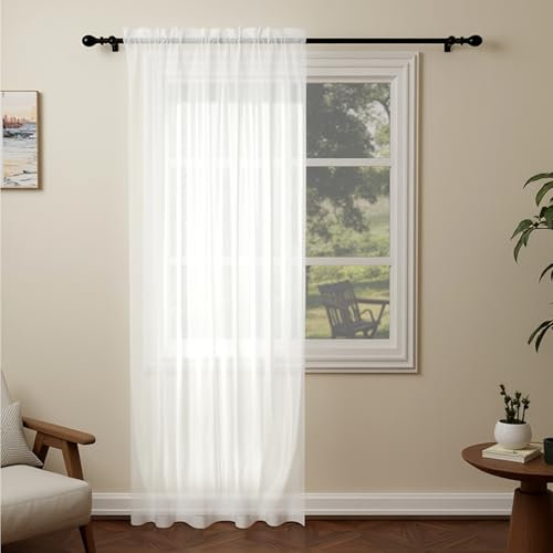 Pacok White Voile Curtains, 84 Drop Net Curtain for Windows, Rod Pocket Sheer Curtain Panel Voile Curtains for Living Room Kitcken Bedroom W56xL84 Inch(White, 142 x 213cm)