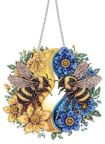 Pavemlo Doppelseitig Acrylbrett Diamond Painting Anhänger & Fensterbilder Set mit Kette - Biene DIY Malerei Anhänger Diamant Art Wandbehang Kits 20x20 cm - für Wand Und Eingang Dekoration