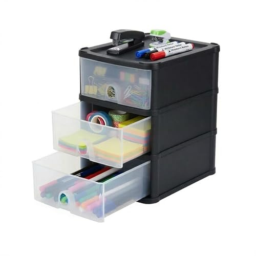 ARUUJ 1x 3 Drawers Plastic Storage Unit, 3 Tier Storage Box Oraginzer Tower Clear Drawers, Clear/Black A5 Small Mini Desktop Tabletop Organizer Modular Unit For Office Stationery A5 Paper 16180