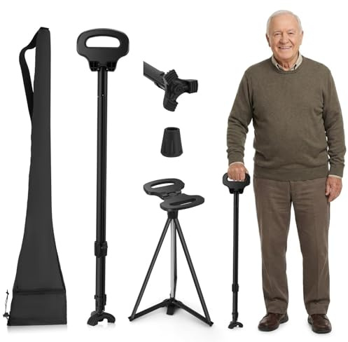 Gehstock mit Sitz, Verstellbarer Spazierstock mit Sitz 87-98cm,Tragbarer Gehstock Klappbar mit Tragetasche,Sitzstock Krücken FüR Erwachsene Senioren,Aluminium Und Ergonomisches Design,mit Tragetasche