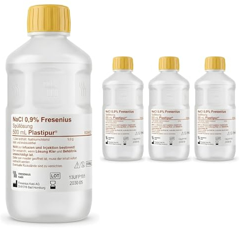 PLASTIPUR - Lot de 4 - 500 ml - NaCl 0,9 % - Solution saline isotonique stérile - Solution saline pour bébé - Solution saline pour nettoyage des plaies - Solution saline