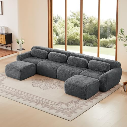 Bladez Modulares U-förmiges Ecksofa Schlafsofa mit Hocker, Modernes Luxus Plüsch Boneless Couch, Ohne Montage, Cloud Polstersofa Extra Tiefer Sitzfläche für Wohnzimmer, Grau, 4-Sitzer+2