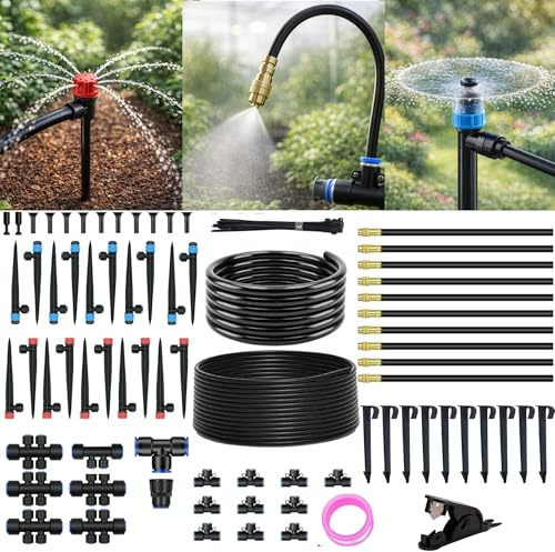 Drip Irrigation System for Garden Watering: 240FT (73M) Automatic Kit with Quick Connect 1/2/12mm PE Tubing, Adjustable Misting Sprinkler Parts, 1/4/6mm Hose for Plants, Raised Beds Flower, 240FT