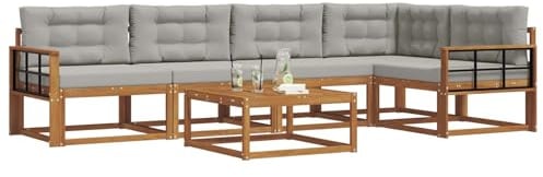 vidaXL Outdoor-Sofagarnitur mit Kissen 6 pcs Natürlich und Hellgrau, Gartenmöbelset, modernes Patiosofa, Robustes modulares Lounge-Set, Outdoor-Sitzgelegenheit für Garten, Poolbereich, Akazienholz