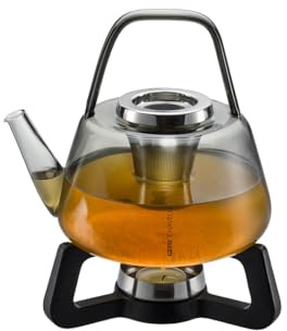 GEFU CHAVELLE Teekanne 1,2 l mit Stövchen | mundgeblasen, Borosilikatglas, Edelstahl-Teefilter, Gusseisen, spülmaschinengeeignet