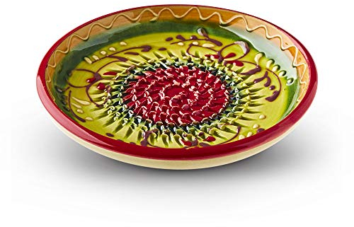Garlic Grater Plate by The Great Garlic Grater. Handmade and Hand painted in Cordoba, Spain. Free delivery and dispatched from the UK. (Yellow Plate with Red Circle and Rim with Moroccan Pattern. No. 13)