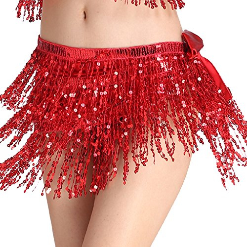 Wuchieal Pailletten Glitzer Rock - Bauchtanz Hüfttuch Kostüm Mit Quaste - Festival Kleidung Gürtel (Rot, One Size)