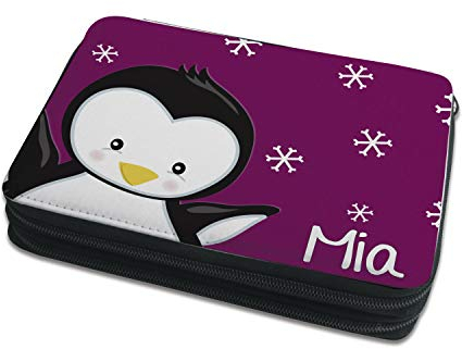 CreaDesign Kinder Federmäppchen mit (Wunsch) Namen, einzigartige Federtasche durch Personalisierung, Schulmäppchen - Motiv Pinguin