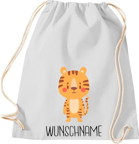 Kleckerliese Kinder Turnbeutel Schule Kindergarten Rucksack Tasche Tiermotiv personalisiert Name Tiere Tiger, hellgrau