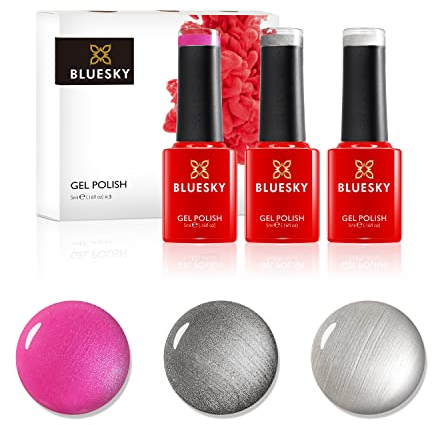 Bluesky Gel Polish, Gel Nagellack Set, Chrome Shock. Silver Chrome 80532, Titanium A032, Future Fuchsia 80614. 3 x 5 ml Silber, Rosa