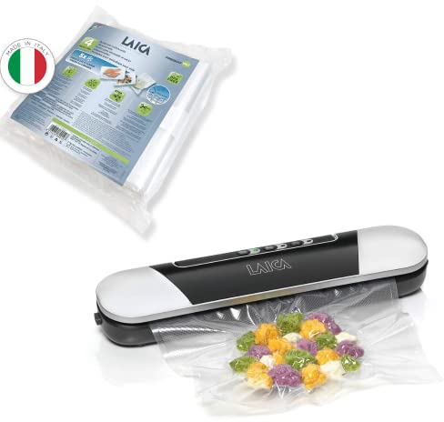 Laica Macchina per Sottovuoto VT3205, 9 L/Min, Compatta, Base con Magneti, Plastica + Laica FrescoPiù VT3513 4 Rotoli per sottovuoto per Alimenti 20x600 cm, PA/PE, Trasparente