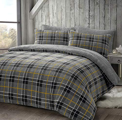 HOMES-LINEN Teddy Bear Fleece Tartan Check Duvet Cover Soft Cosy Warm Checked Teddy Bear Bedding Set (Grey, Single)