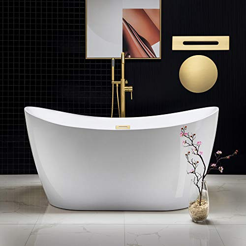 WOODBRIDGE 59 Acrylic Freestanding Bathtub Contemporary Soaking White Tub with Brushed Gold Overflow and Drain，BTA1516-BG-Drain-&O