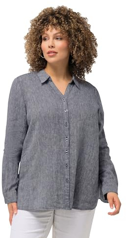 Ulla Popken Damen große Größen Übergrößen Plus Size Bluse, Leinen, offener Kragen, Langarm Marine-Melange 62+ 794882125-62+