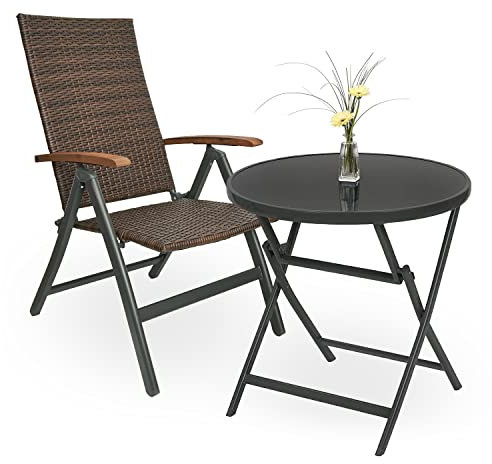 BRUBAKER Sièges de Jardin Modena - 1 Table en Verre Table Pliante Ronde 70 cm Ø avec 1 Chaise à Dossier Haut - Résistant aux Intempéries - Marron/Anthracite