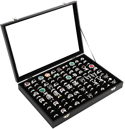 Pengup 100 Slots Ring Case Organizer Display Box,Rings Holder Storage Boxes for Jewelry Showcase with Glass Lid (Black Velvet).