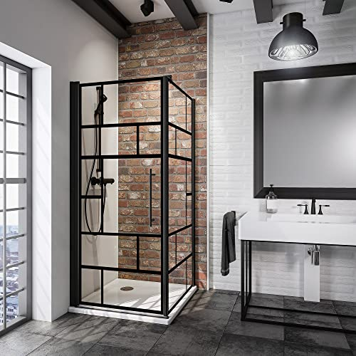 Schulte porte de douche pivotante et paroi latérale 90 x 90 x 192 cm, noir, 122 cm barre de stabilisation incluse, verre de sécurité 5 mm antical transparent style Atelier, largeur d'accès 79.5 cm