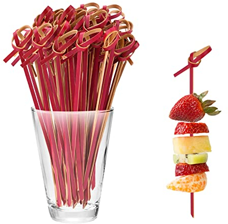 Bekecidi Palitos de Cóctel de Bambú, 100 Brochetas de Nudo de Bambú, Mini Picas de Alimentos, Palillos de Frutas, Palillos de Bambú para Bebidas, Canapés, Aperitivos, Fiesta 12 cm (Rojo)
