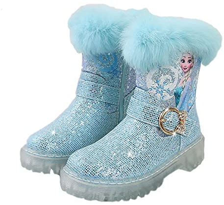 KUMADAI Schneestiefel Mädchen Prinzessin Schuhe ELSA Stiefel Kinder Winterstiefel mit Warmem Gefüttert Futter Gummistiefel Outdoor Schlupfstiefel Eiskönigin Kostüm Zubehör Karneval Party,Blau,28