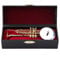 Miniatur-Trompete, Nachbildung, vergoldetes Instrumentenmodell, musikalische Ornamente, Dekoration mit Vintage-Holzkiste und Ständer