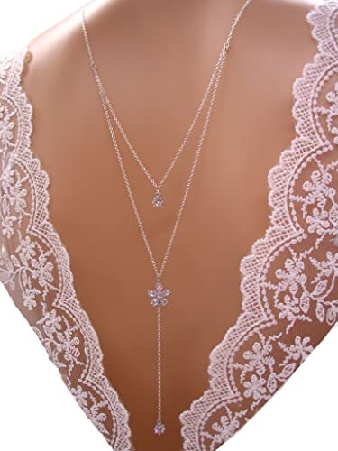 Collier de dos pour mariée, double chaine de dos et fleur zircon argenté, bijoux mariage