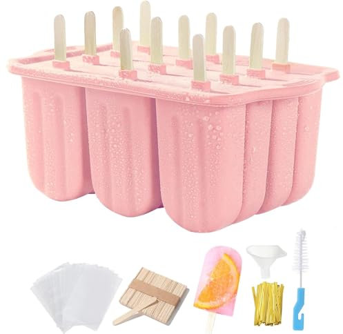 Popsicles Molds Set, 12 Cavity Homemade Maker Ice Pop Mold, Silicone Freezer Molds with 50 Popsicle Sticks 50 Popsicle Bags 50 Ties Funnel Recipes and Brush (Pin k)