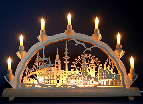 Schwibbogen Hamburg - Stadtmotiv - 51cm, 7 Kerzen + Vorbeleuchtung - Feine Handarbeit aus dem Erzgebirge - Weihnachten erzgebirgischer Lichterbogen