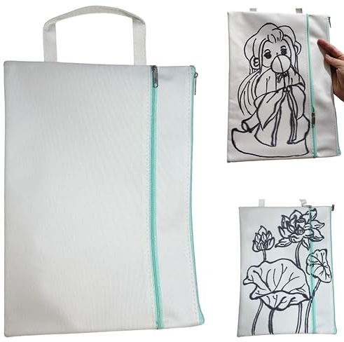 Syiyunran Custodia Per Libri Libro Protettore - Pure White Canvas Book Cover, School Bag Con Tasca Anteriore, Cerniera E Maniglia Portatile, Regalo Per Amanti Dei Libri (Può Fai Da Te Disegno)