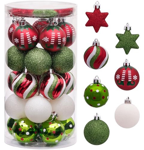Valery Madelyn Weihnachtskugel-Ornamente, 35 Karat, Elfe, rot, grün, weiß, bruchsicher, Weihnachtsbaumschmuck-Set, 4,8 cm, skurriles dekoratives Hängeornament, Großpackung für Weihnachten, Urlaub,