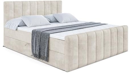 ALTDECOR Boxspringbett mit Matratze und Lattenrost, Boxbett, Topper, Fußteil, Polsterbett mit Bettkasten, Bett mit Stauraum H4-Matratze, Doppelbett, Springboxbett - OTTA-Z - 200x200 Beige Samt