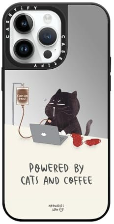 CASETiFY Mirror iPhone 14 Pro Max Case [Reflective / 4.9ft Drop Protection/Compatible with Magsafe] - Powered by cats and coffee - Silver On Black