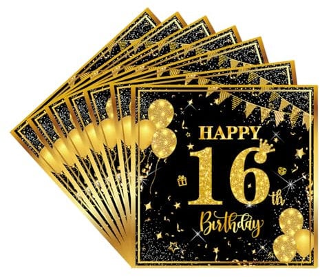 Servietten 16. Geburtstag Mädchen Junge,20 Stück Schwarze Gold Geburtstagsservietten,Partyservietten,16. Geburtstag Deko Servietten,Papierservietten für Junge Mädchen 16. Geburtstags Tischdekoration