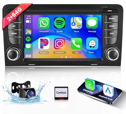 【2+64G】 Hodozzy Carplay Radio Coche para Audi A3 8P S3 RS3 Sportback 2003-2012, Autorrdio Bluetooth de 7 Pulgadas con Android Auto/WiFi/GPS/RDS/FM/USB+cámara de Marcha atrás
