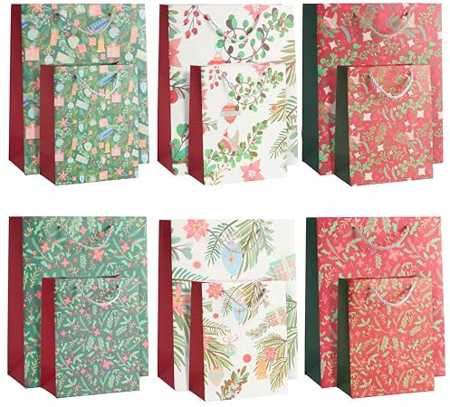 THE TWIDDLERS - 12 weihnachtliche Geschenktüten mit stabilen Henkeln in verschiedenen Größen und floralen Weihnachtsdesigns, Geschenktüte Festliche florale Weihnachtstüte - 32cm x 26cm & 24cm x 18cm