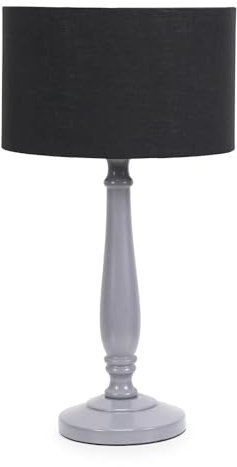 ValueLights Traditional Grey Wood Candlestick Table Lamp with Black Fabric Drum Shade for Living Room Bedroom