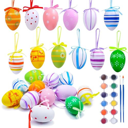 Camiki Art Ostereier zum Aufhängen, 24 Stück Ostereier Plastik zum bemalen, Ostereier zum Aufhängen Draußen und Innen, Ostereier deko für Ostern Deko Osterdeko Osterstrauchdeko Frühling Haustür