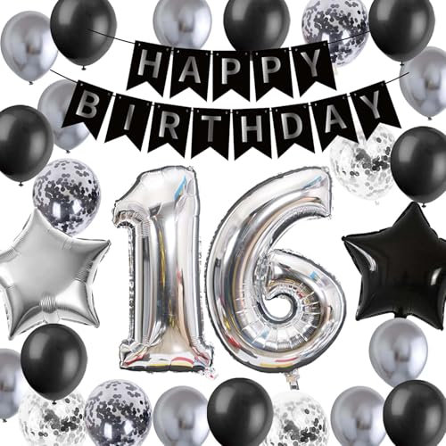 16.Geburtstag Deko Jungen Mädchen, Schwarz Silber Happy Birthday Banner 16. Geburtstag Konfetti Luftballons Stern Nummer 16 Folienballons für Geburtstagsdeko Ballons 16 Jahre Sohn Ihn (16.)