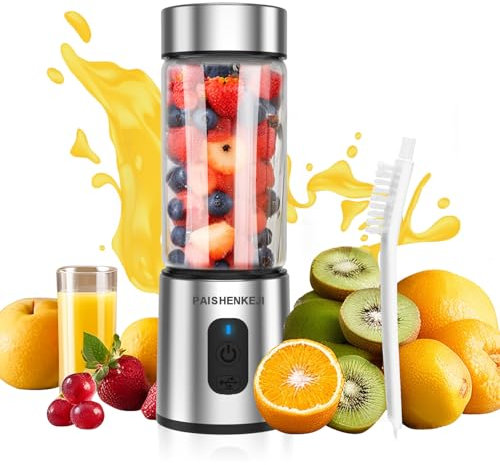 Mixer Smoothie Maker To Go: 400ml Glasbehälter Mini Blender mit 6 Upgrade Power Klingen, USB Wiederaufladbar Tragbarer Smoothie Mixer für Fitnessstudio, Büro, Zuhause, Reisen