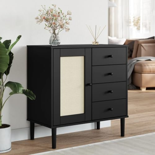 Sideboard in Rattanoptik schwarz 80x40x80cm Massivholz Kiefer Möbel für moderne Wohnkultur