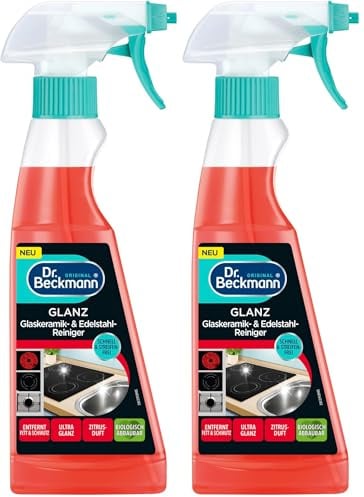 Dr. Beckmann Glanz Glaskeramik- & Edelstahl-Reiniger | 2 x 250 ml | Streifenfreies Ergebnis | Schonende Formel | Zitrusduft | Für Kochfelder & Edelstahl