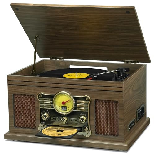 FEKTIK FEKTIK Bluetooth Turntable, 10-in-1 3 Speed Turntable for Vinyl with Speakers, LP to MP3 Converter, CD, Cassette Player, FM Radio, Wireless Streaming | Wood