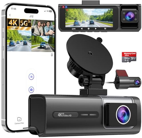 Vasip 4K Dash Cam Front and Rear Inside, 5GHz WiFi, 3 Channel Dash Cam for Cars, 3.16” IPS Dash Camera for Cars with 64GB SD Card, Night Vision, WDR, G-Sensor, Loop Recording, 24H Parking Mode