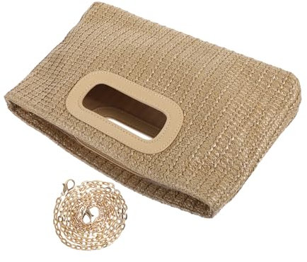 WOFASHPURET Umhängetasche Handtasche aus Gewebtem Kunstgras mit Abnehmbarer Kette Rustikale Clutch für Damen Abendtasche Vielseitig für Party Reisen Sommer Aprikose