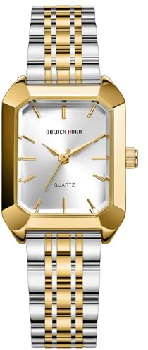 GOLDEN HOUR Armbanduhr Damen Rechteckig Analog Quarz Uhr Damen Gold mit Edelstahlband Modisch Lässig Wasserdicht Vintage-Armbanduhr für Frauen