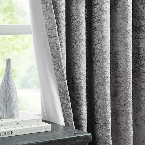 Bujasso Charcoal Full Blackout Curtains 54 inch Eyelet Crushed Velvet with Blackout Lining Drapes for Living Room Bedroom Thermal Insulated Room Darkening Curtains 2 Panels Grommet Top W46xL54