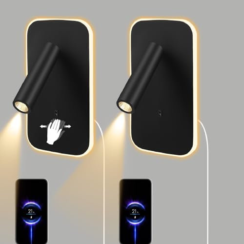 Hoyiyobi Applique Murale LED Interieur, Lot de 2 Lampe Murale Induction Dimmable avec Fil de Prise, 3W+9W 3000K Liseuse de Chevet avec Interrupteur et Port de Charge USB, Lumières Mural Lit Noir