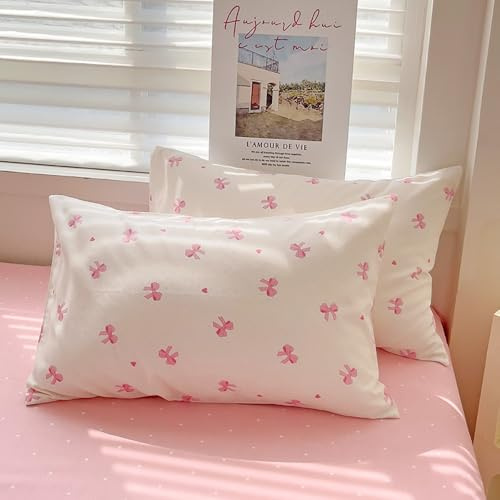 Covebett Kissenbezug 80x80cm 2er Set Weiß Rosa Schleifen Aesthetic Kopfkissenbezug 80 x 80 Rosa Schleifenmuster Dekokissenbezug Dekorative Kissenhülle Microfaser Kissenbezüge mit Reißverschluss
