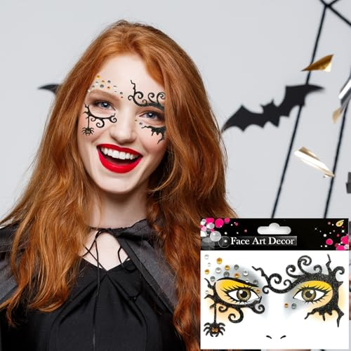 Temporäre Tattoos Halloween, Gesichtstattoo Spinnennetz-Baumkronen, Face Art Sticker, Glitzer Gesicht Aufkleber Halloween, Ablösbare Glitzer Gesicht Aufkleber für Make-up Karneval Halloweens (A)